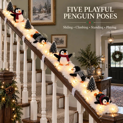 🐧 5-Piece Lighted Penguin Christmas Staircase Railing Decoration with Snowy Trees 🎄