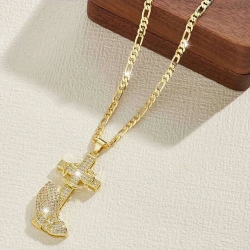 Cross & Prayer Hands Pendant Necklace