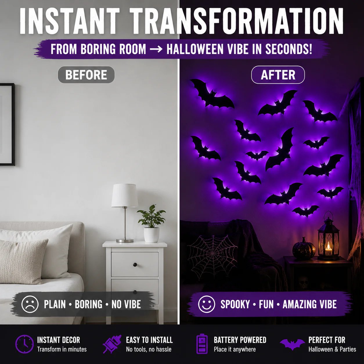 🦇Halloween decorative items - 3D black bat wall stickers with LED lights