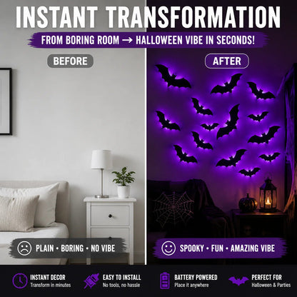 🦇Halloween decorative items - 3D black bat wall stickers with LED lights