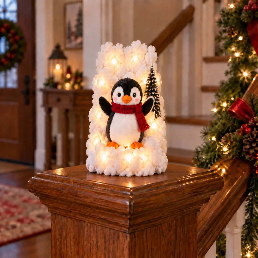 🐧 5-Piece Lighted Penguin Christmas Staircase Railing Decoration with Snowy Trees 🎄