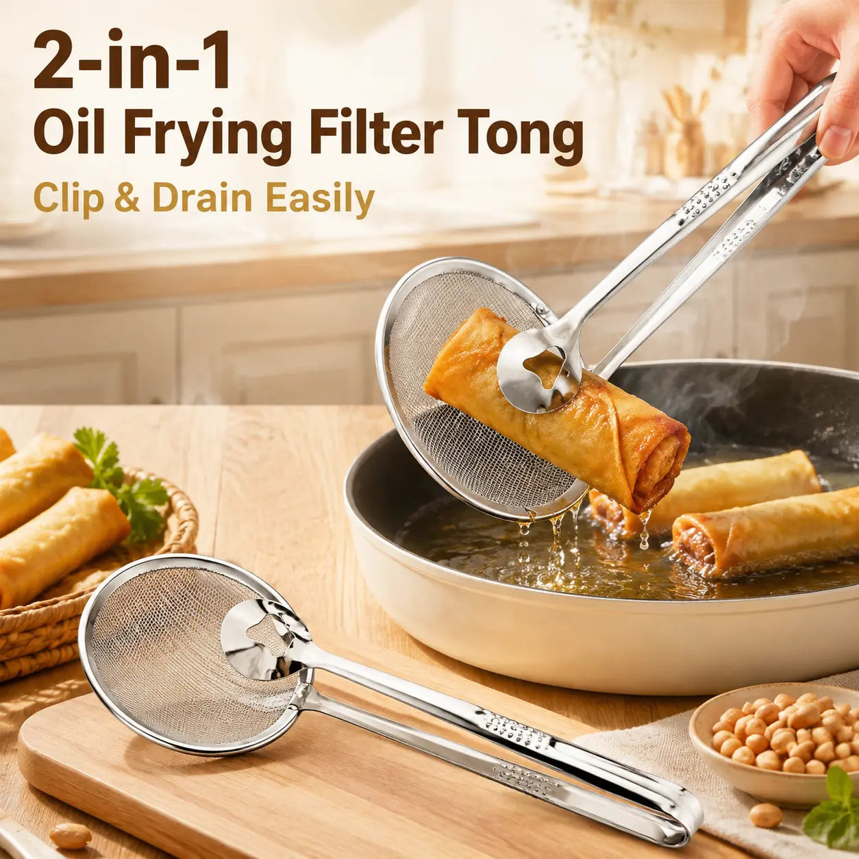 🔥 50% OFF 🍟 2-in-1 Stainless Steel Oil Strainer Tongs