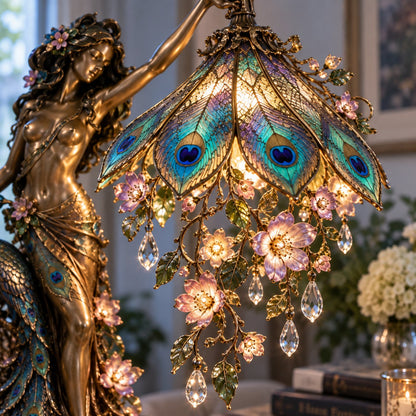 🦚 Elegant Peacock Lady Stained Glass Style Floral Accent Table Lamp with Ambient Glow ✨