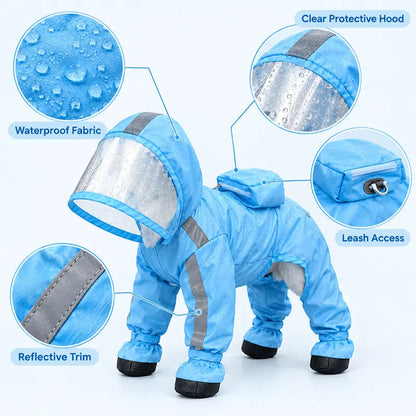 🐶Waterproof 4-Leg Dog Raincoat with Hood & Attached Boots