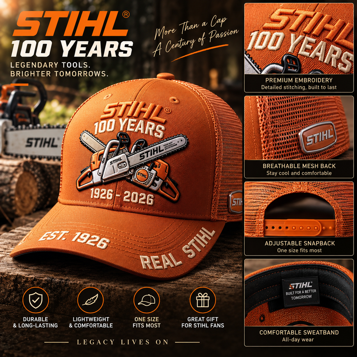 🌲 STIHL 100th Anniversary Commemorative Trucker Cap with Breathable Mesh Back 🧢