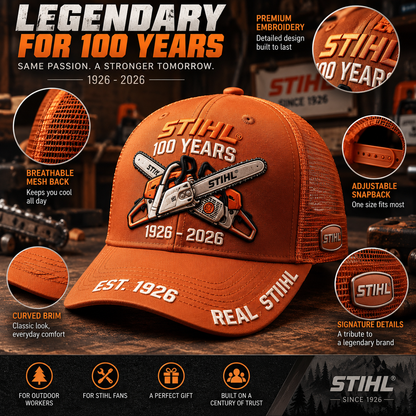 🌲 STIHL 100th Anniversary Commemorative Trucker Cap with Breathable Mesh Back 🧢
