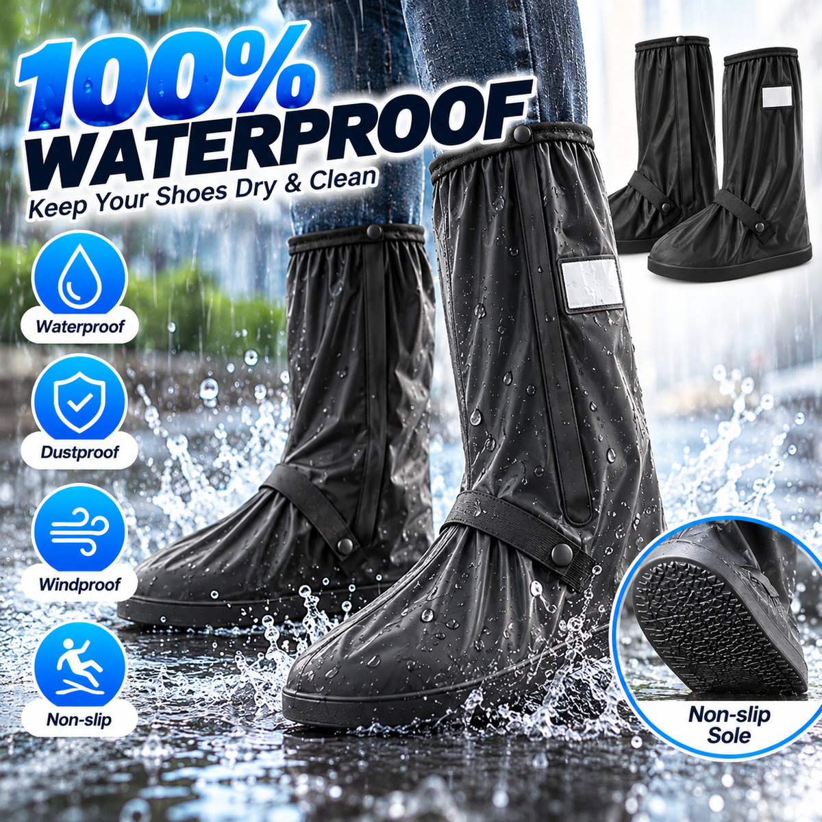 ☔ Waterproof High-Top Rain Shoe Covers (42cm) - Non-Slip & Reflective 🌧️