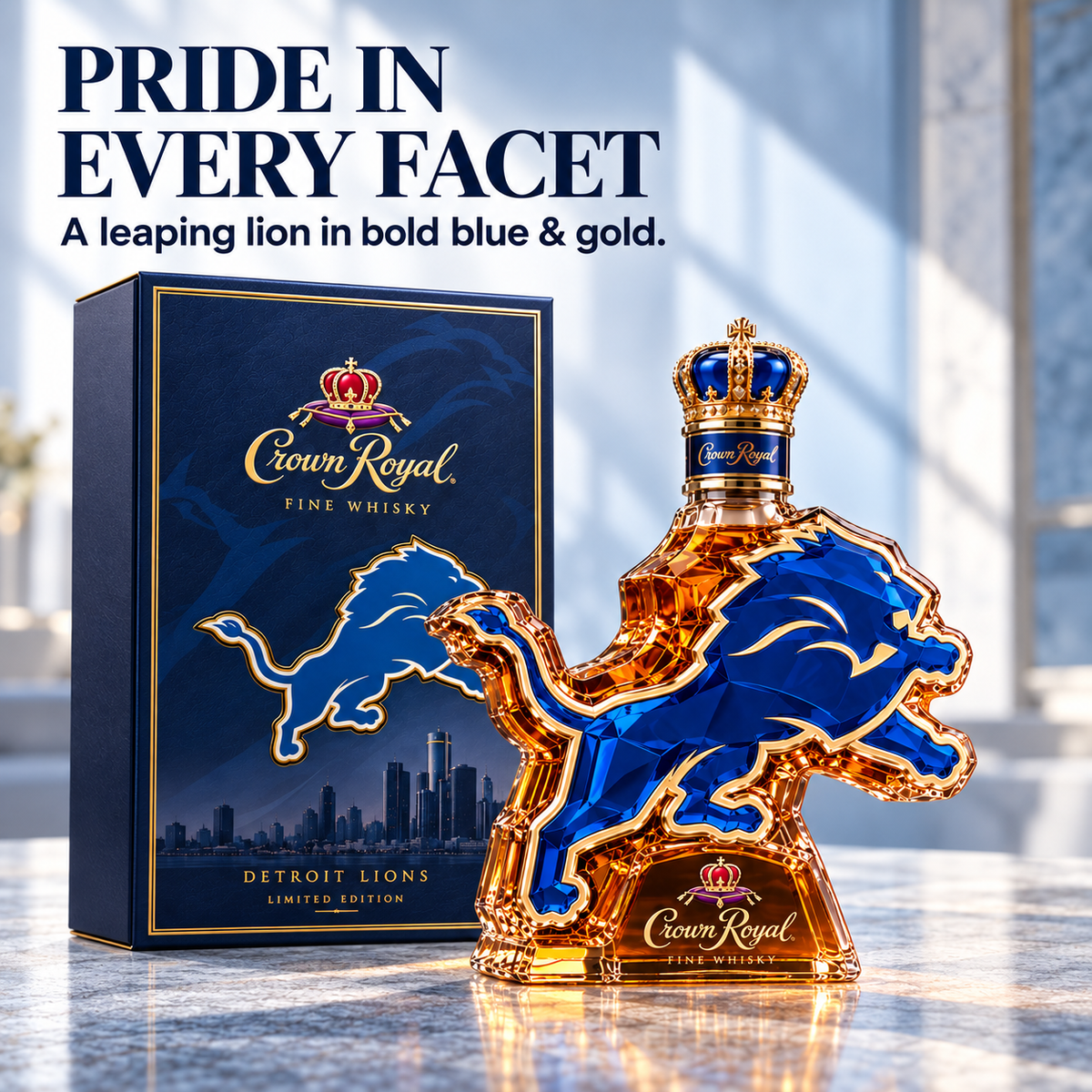 🦁 Lions Pride 3D Collector’s Bottle & Gift Box – Royal Blue & Gold Display Edition