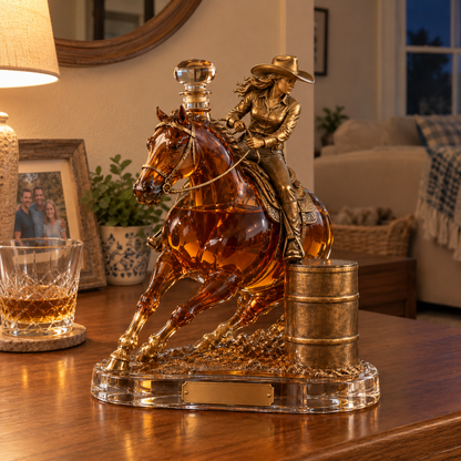 🐎 Western Spirit Cowgirl Whiskey Decanter — A Bold Tribute to the Thrill of Barrel Racing 🥃