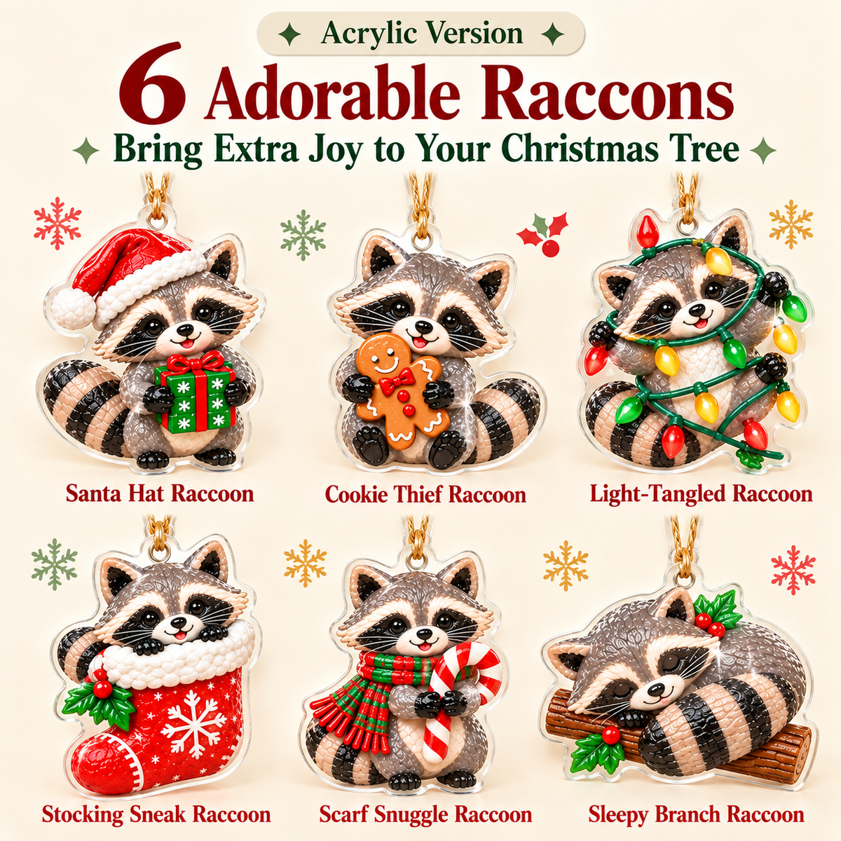 🦝Adorable Christmas Raccoon Ornaments