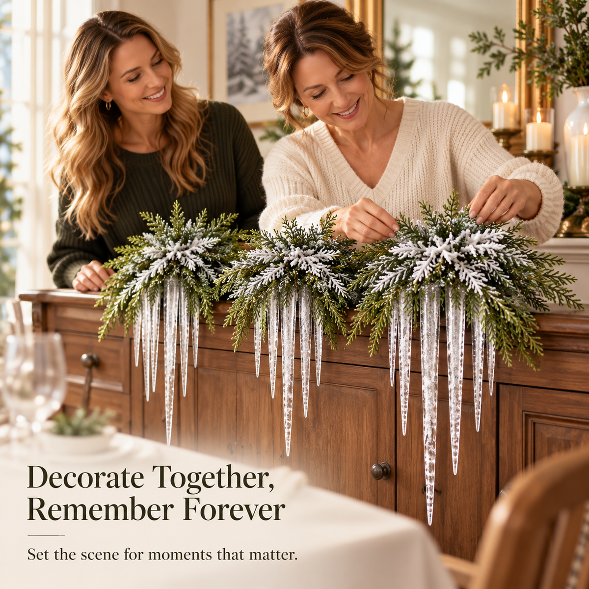 Snow-Frosted Cedar & Icicle Hanging Accent