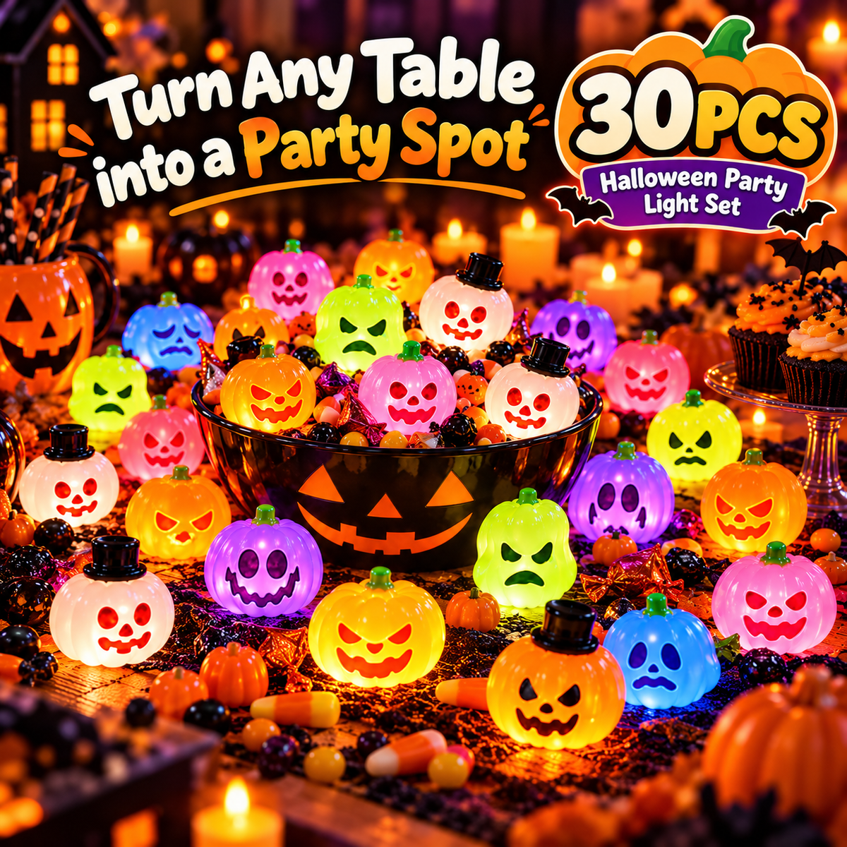 🎃 Colorful Glowing Mini Halloween Jack-O'-Lantern Pumpkin Night Lights Table Decor 🌈