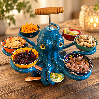 🐙 Handmade Coastal Octopus Snack Server & Divided Dip Bowl Tabletop Centerpiece 🍿