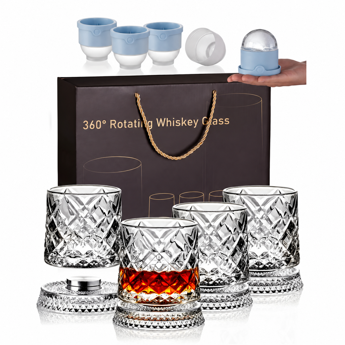 🥃 360° Spinning Crystal Whiskey Glass Gift Set with Large Ice Ball Molds (4-Piece) ✨