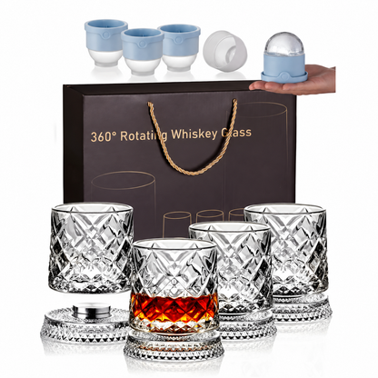 🥃 360° Spinning Crystal Whiskey Glass Gift Set with Large Ice Ball Molds (4-Piece) ✨