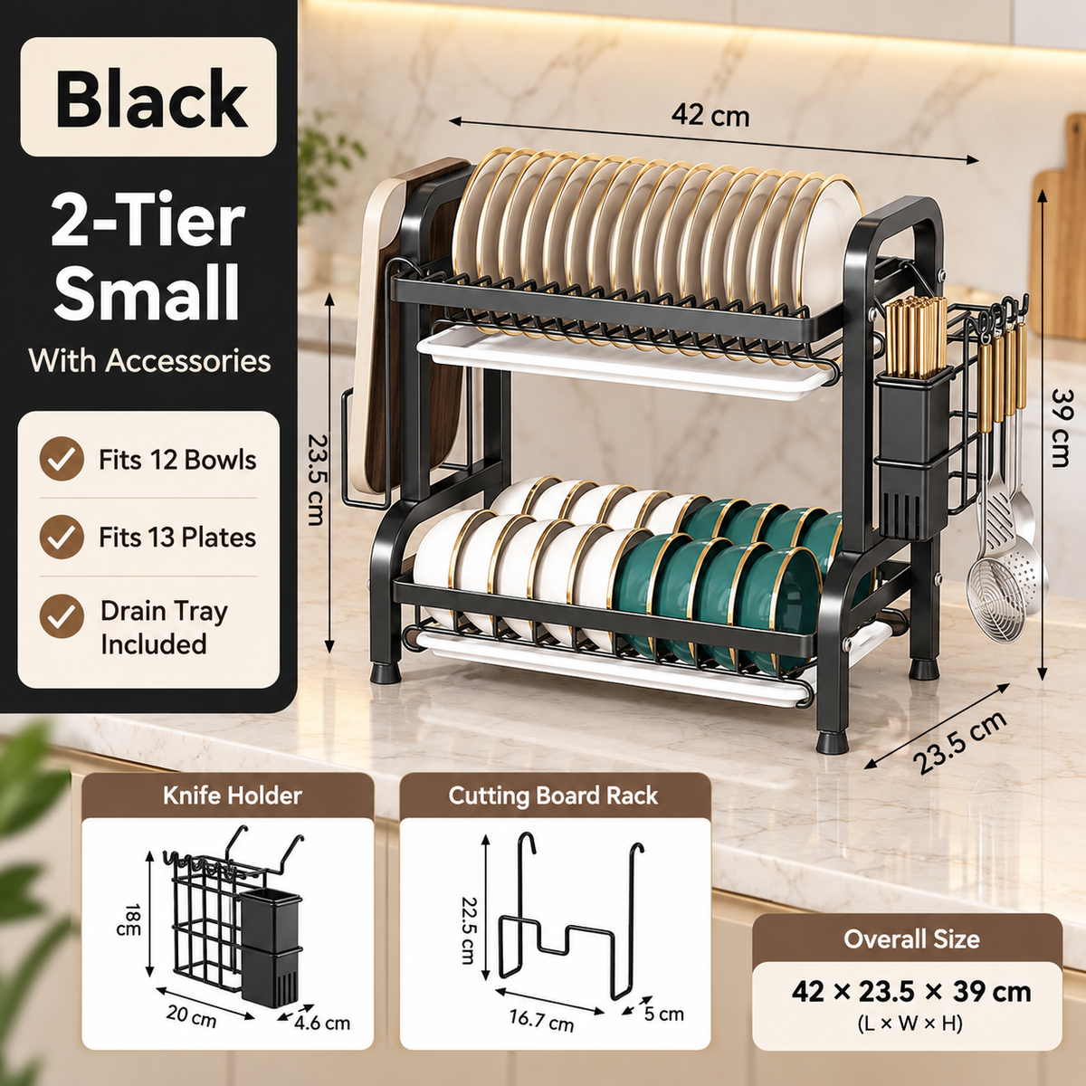 🍽️ Space-Saving 2-Tier Dish Drainer With Removable Drip Trays