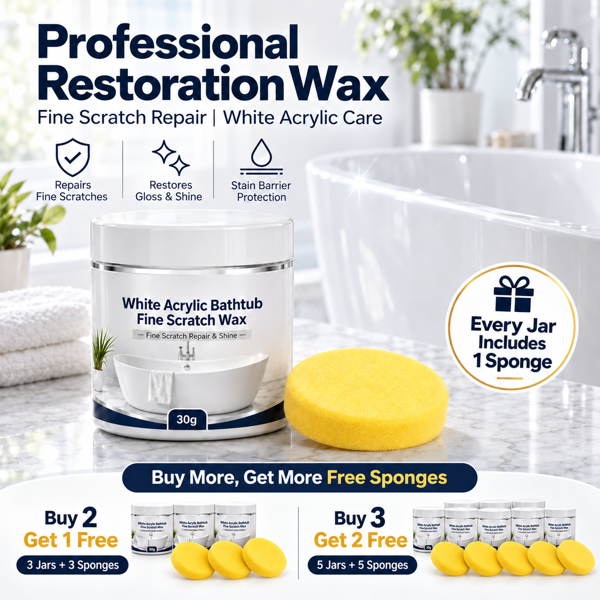 🛁 White Acrylic Bathtub & Sink Fine Scratch Repair Wax with Application Sponge (30g) ✨
