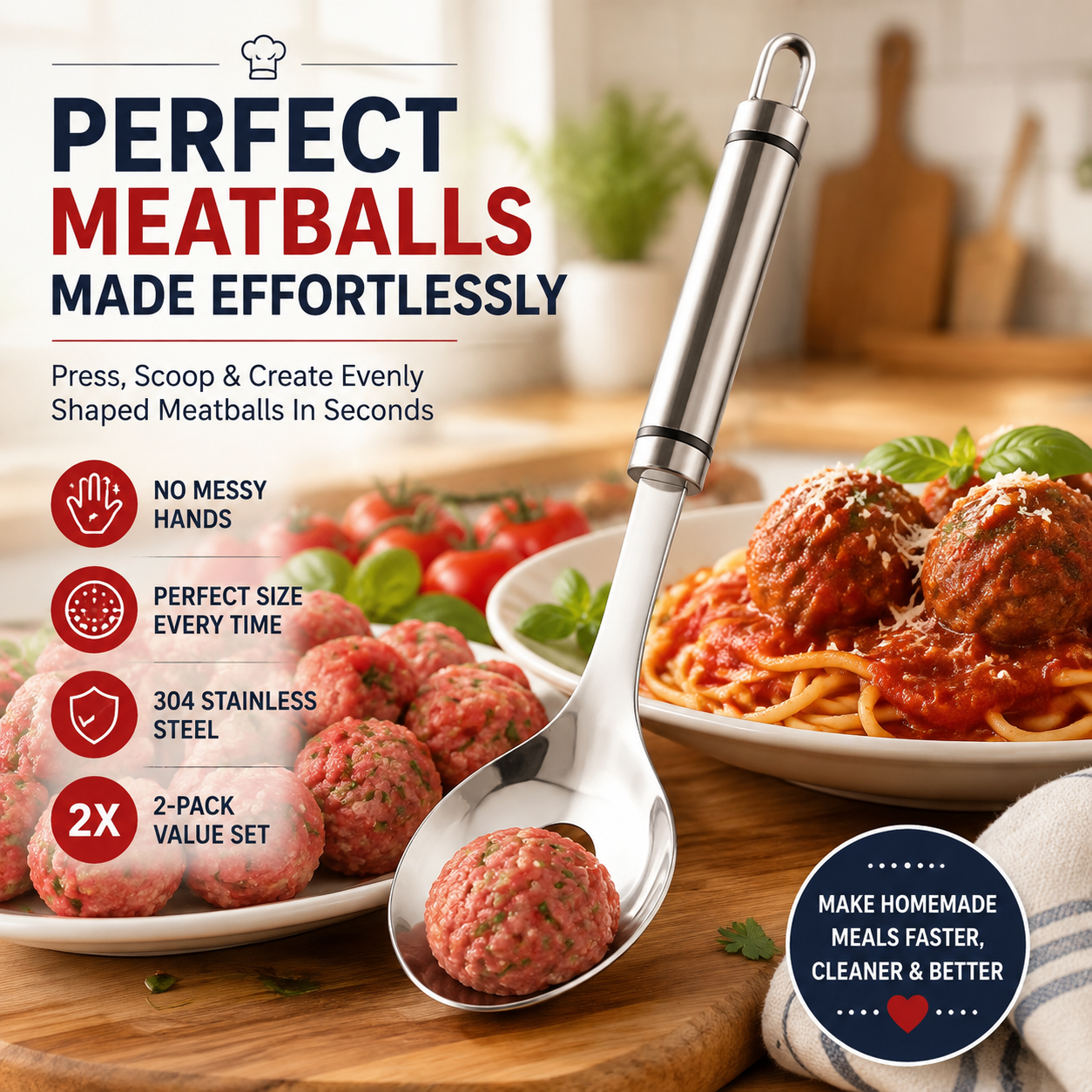 🍝 SAVE 48% 2-Pack Stainless Steel Meatball Maker Spoons 🥩 Less Mess, Faster Shaping