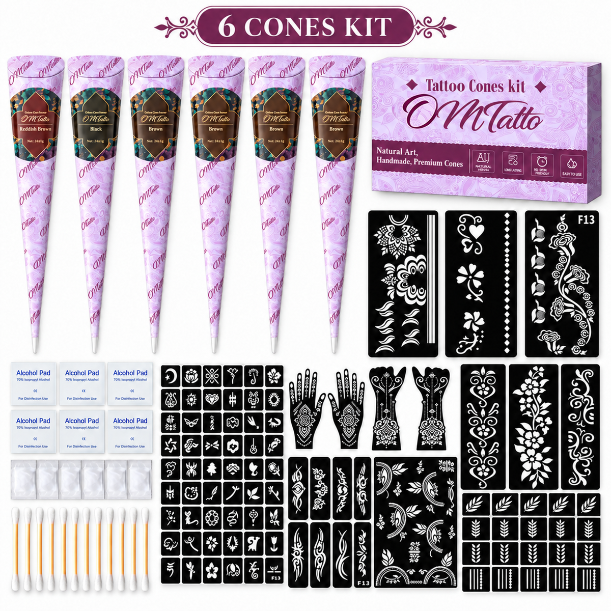 🌸 Henna Tattoo Kit with Stencils – Temporary Body Art Cones for Hands & Creative Designs ✨