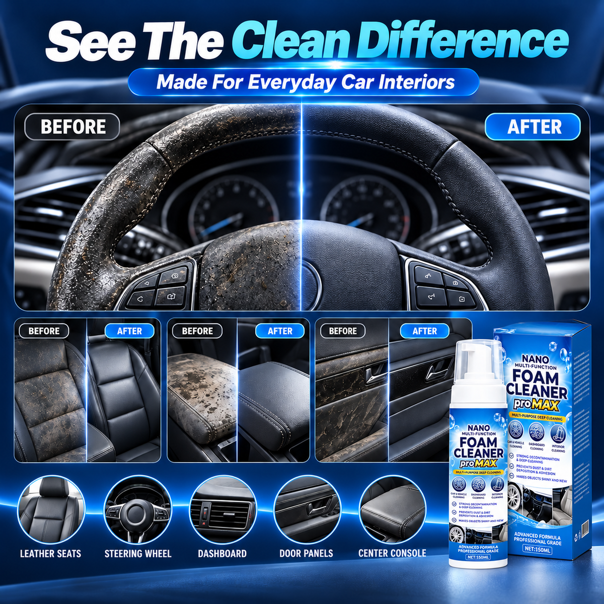 🚗 Car Interior Cleaning Kit – Multi-Purpose Foam Cleaner Spray Set for Leather, Seats & Dashboards ✨