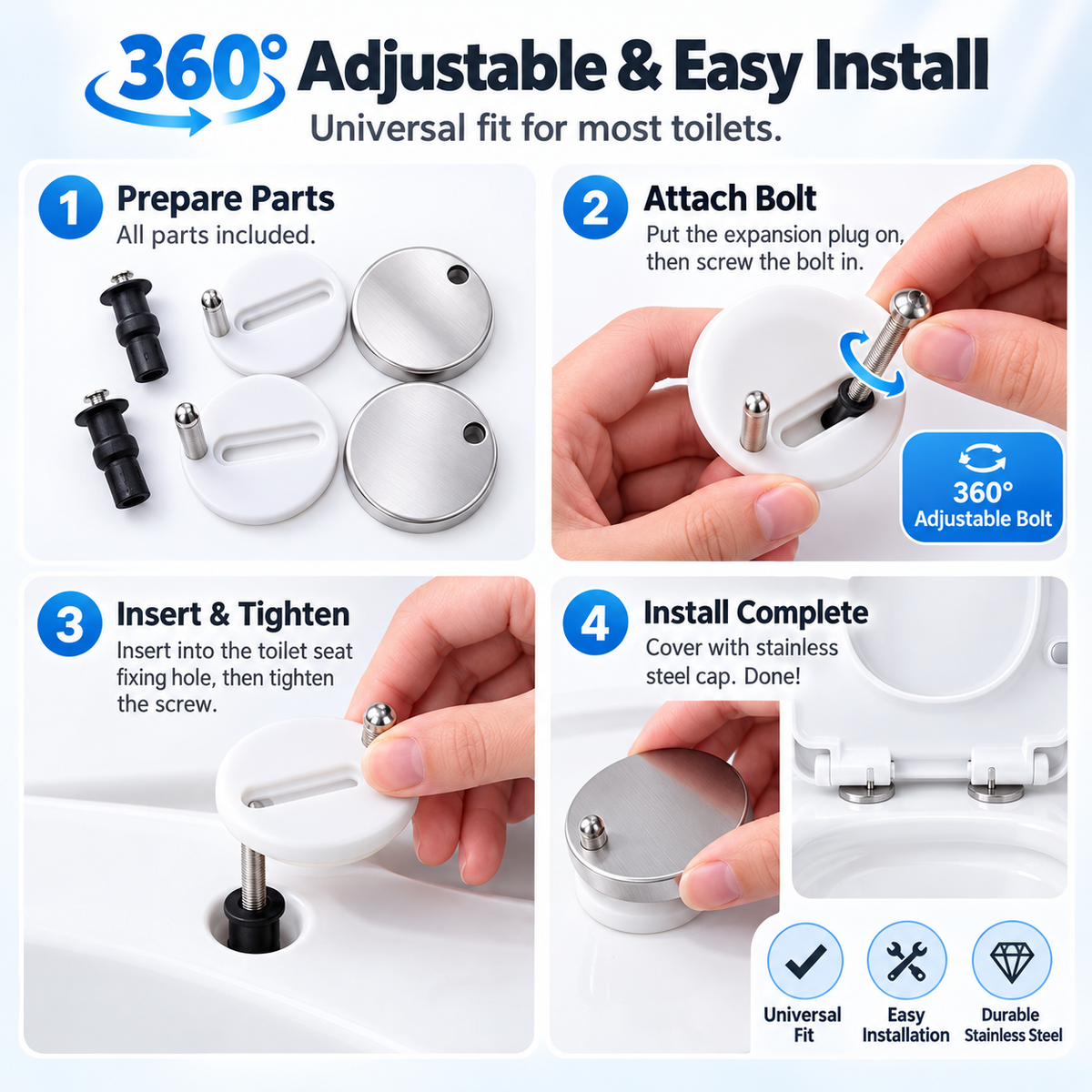 🔥 49% OFF 2 Pack Universal Toilet Seat Hinge Replacement Kit 🔧 Top-Fix Expansion Bolts