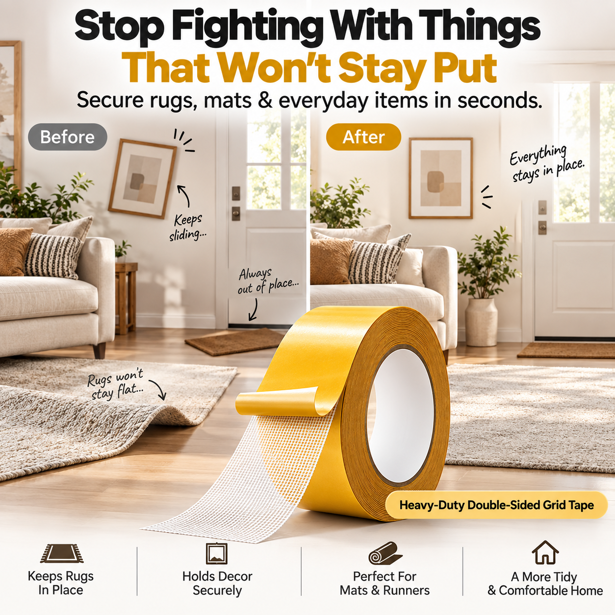 🔥 49% OFF Heavy-Duty Double-Sided Grid Tape 🏠 Strong Removable Carpet Tape