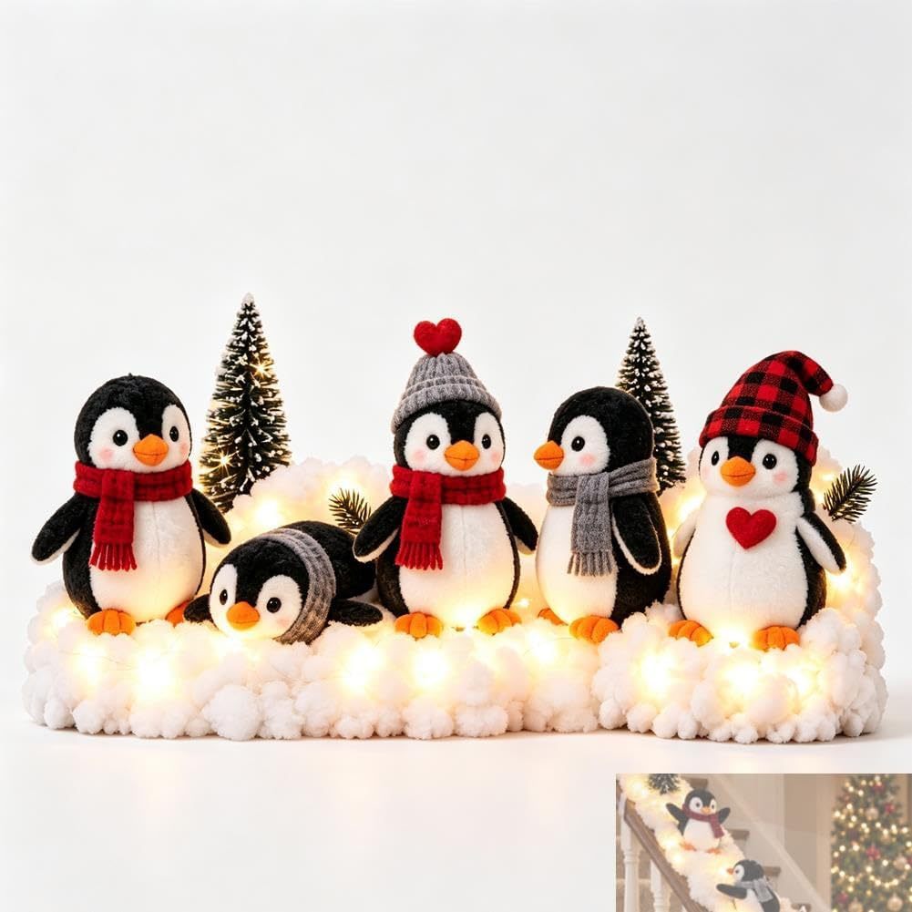 🐧 5-Piece Lighted Penguin Christmas Staircase Railing Decoration with Snowy Trees 🎄