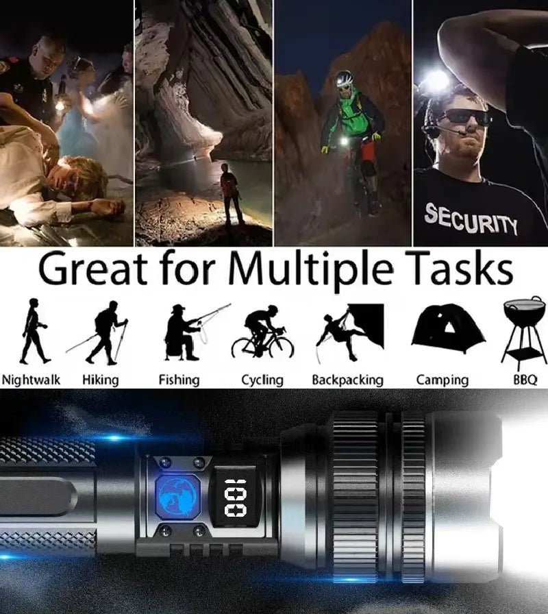 ⏰ LAST DAY 50% OFF 🔦 High-Power Rechargeable Zoom Flashlight – 2000LM, Power Bank & Digital Battery Display