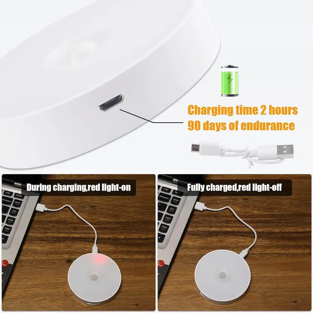 showing USB charging port, 2-hour charge time, and red LED battery indicator status on a smart motion sensor night light.