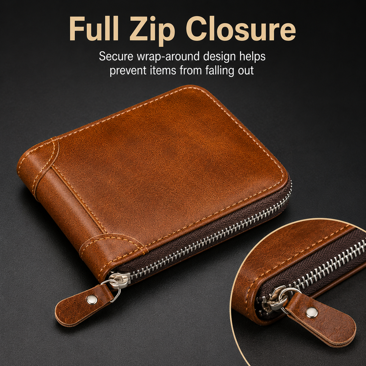 💼 Vintage Zip-Around Men's Wallet - Compact PU Leather Bifold Wallet