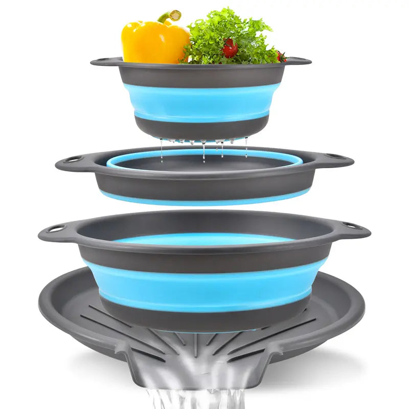 ⚡ 50% OFF 3-Piece Collapsible Colanders with Drainage Base 💧 Rinse, Drain & Store With Ease