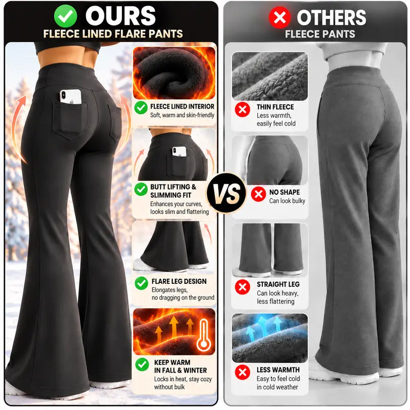🔥 Women’s Fleece-Lined Flare Leggings with Pockets – High-Waisted Thermal Bell Bottom Pants
