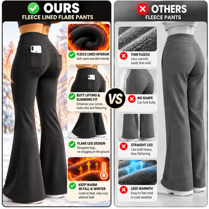 🔥 Women’s Fleece-Lined Flare Leggings with Pockets – High-Waisted Thermal Bell Bottom Pants