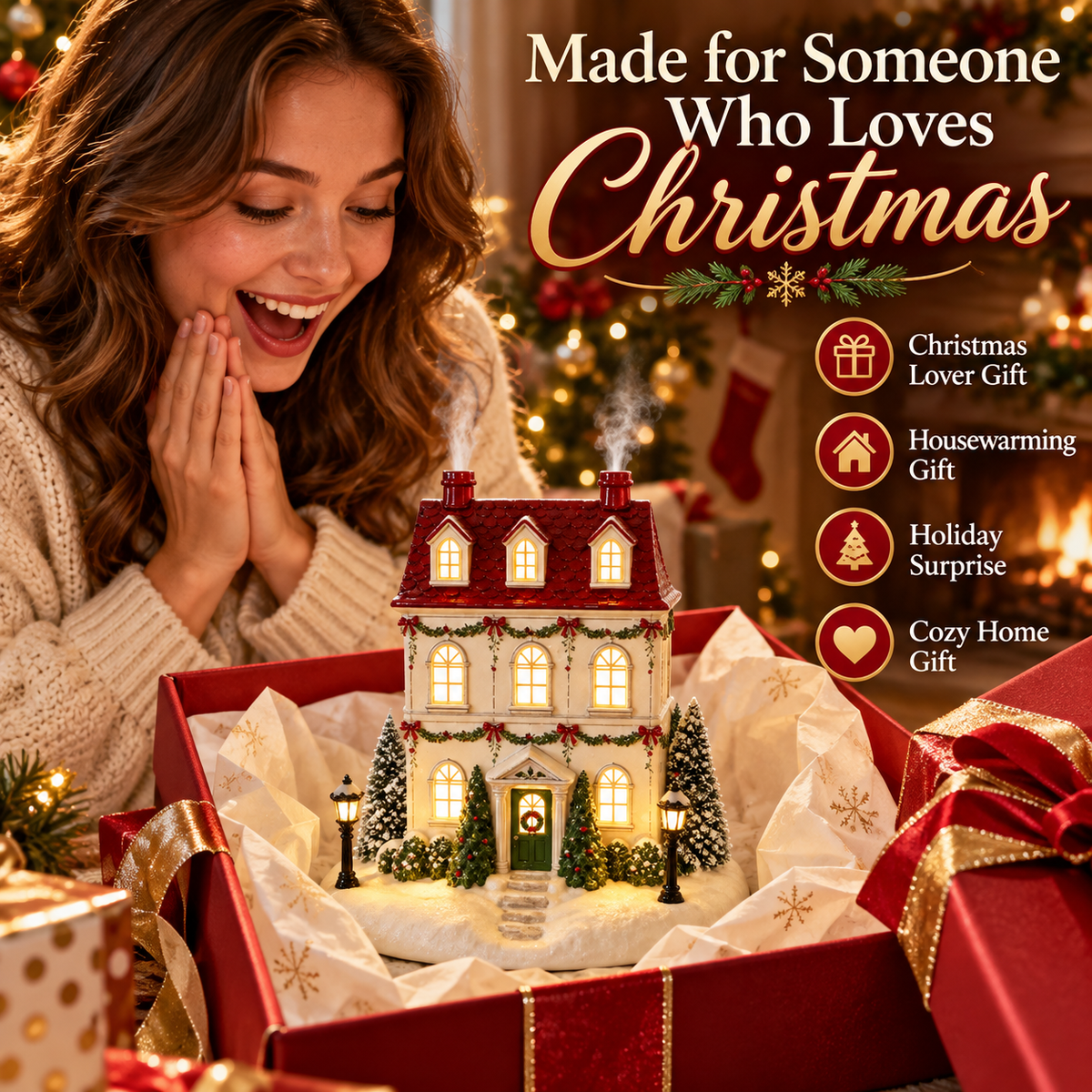 🎄 Christmas Village House Essential Oil Aroma Diffuser with Warm Glowing Chimney Mist 🎁