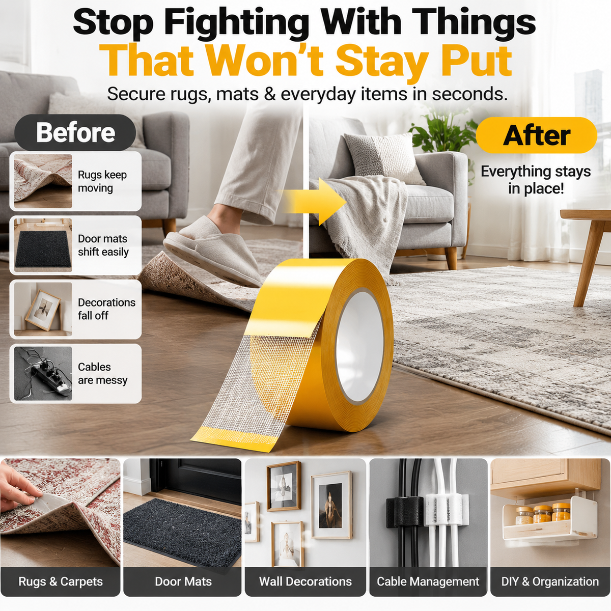 🔥 49% OFF Heavy-Duty Double-Sided Grid Tape 🏠 Strong Removable Carpet Tape