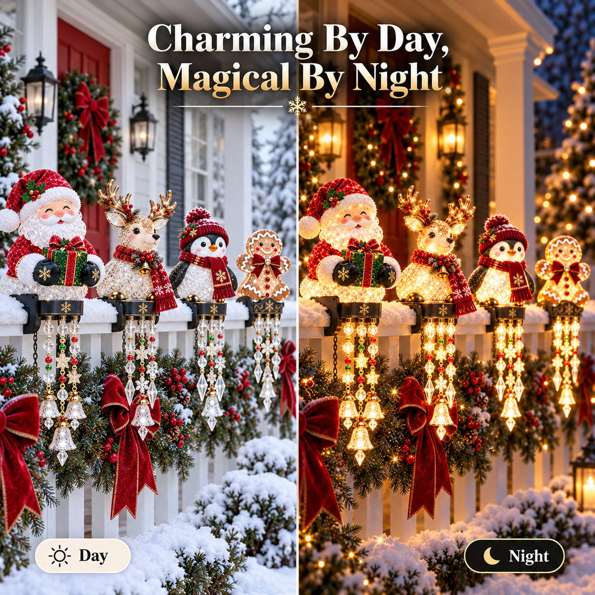 ✨ Lighted Christmas Porch Railing Hanging Characters with Cascading LED Ornaments 🎄