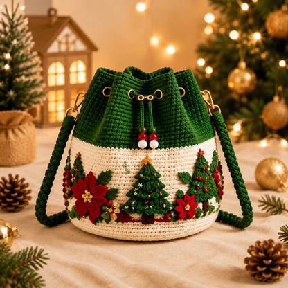 🎄Christmas Crochet Bucket Crossbody Bag 🎅 Festive Holiday Women Handbag Gift