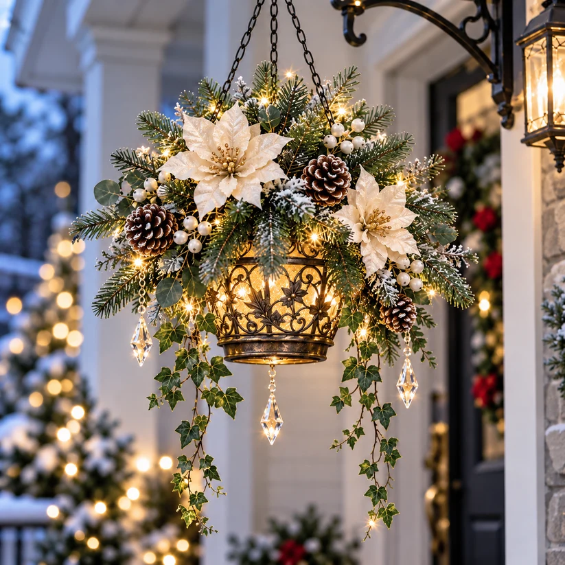 🎄 Pre-Lit Christmas Hanging Lantern – Cardinal & Evergreen Porch Decor, 3 Styles