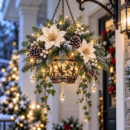 🎄 Pre-Lit Christmas Hanging Lantern – Cardinal & Evergreen Porch Decor, 3 Styles