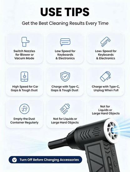 2-in-1 Cordless Air Duster & Vacuum - 130,000 RPM Rechargeable Turbo Blower