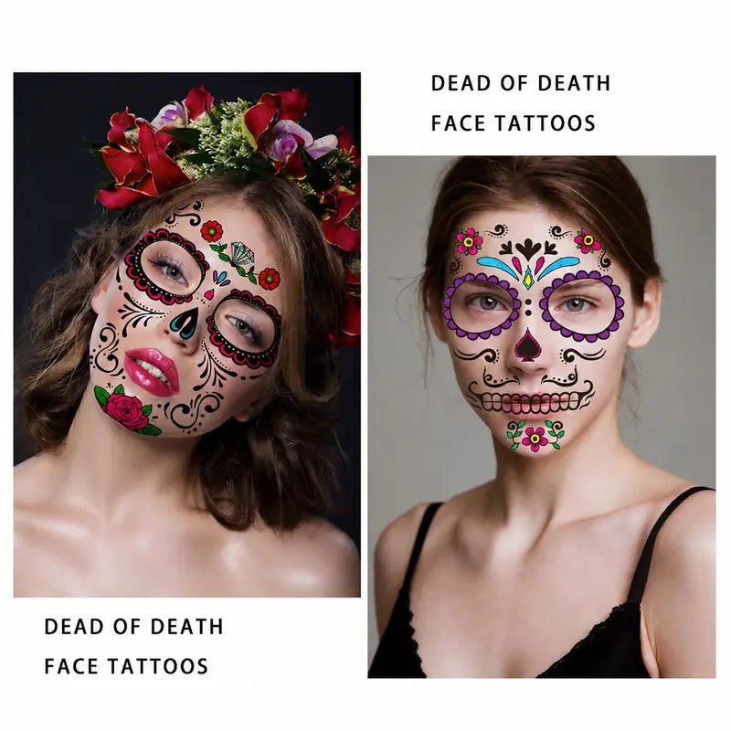Mexican Dia De Los Muertos Temporary Face Tattoos - Sugar Skull Floral Face Decals 🎭