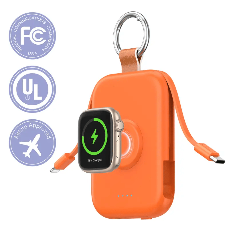 🔋5000mAh Portable Power Bank with Built-in Cables – 3-in-1 Travel Keychain Charger for iPhone, Apple Watch & AirPods, Compact Fast Charging Battery Pack