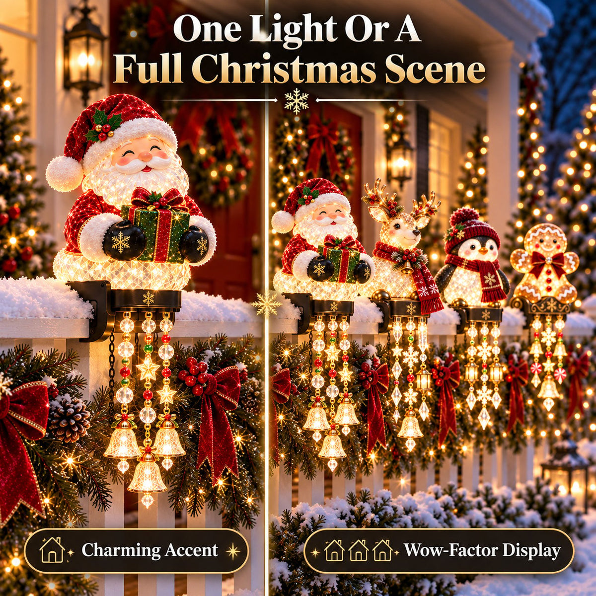 ✨ Lighted Christmas Porch Railing Hanging Characters with Cascading LED Ornaments 🎄