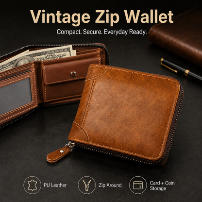 💼 Vintage Zip-Around Men's Wallet - Compact PU Leather Bifold Wallet