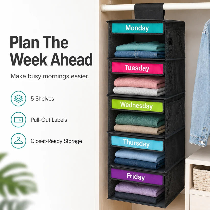 🔥 49% OFF 5-Shelf Weekday Closet Organizer 📅 Monday–Friday Storage