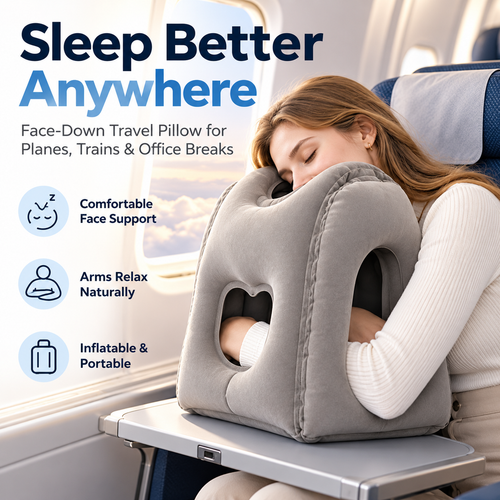 ✈️ Inflatable Face-Down Travel Pillow – Ergonomic Sleep Support for Flights, Trains & Office Naps