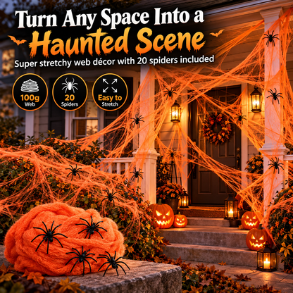 🎃 50% OFF Halloween Stretch Spider Web Set – 100g Web + 20 Spiders