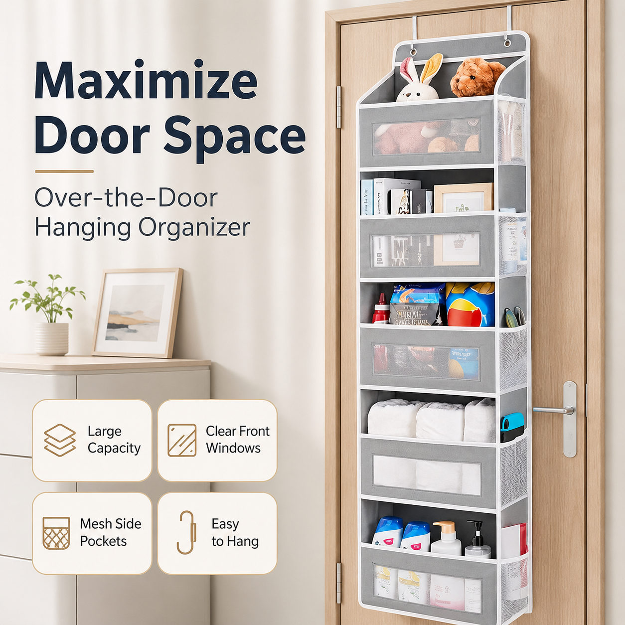 🔥 50% OFF 5-Tier Over-the-Door Organizer – Extra Side Mesh Pockets for More Storage 🚪