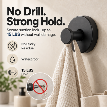 🔩 Heavy-Duty Matte Black Stainless Steel Vacuum Suction Hooks (15 LBS No-Drill) 🚿