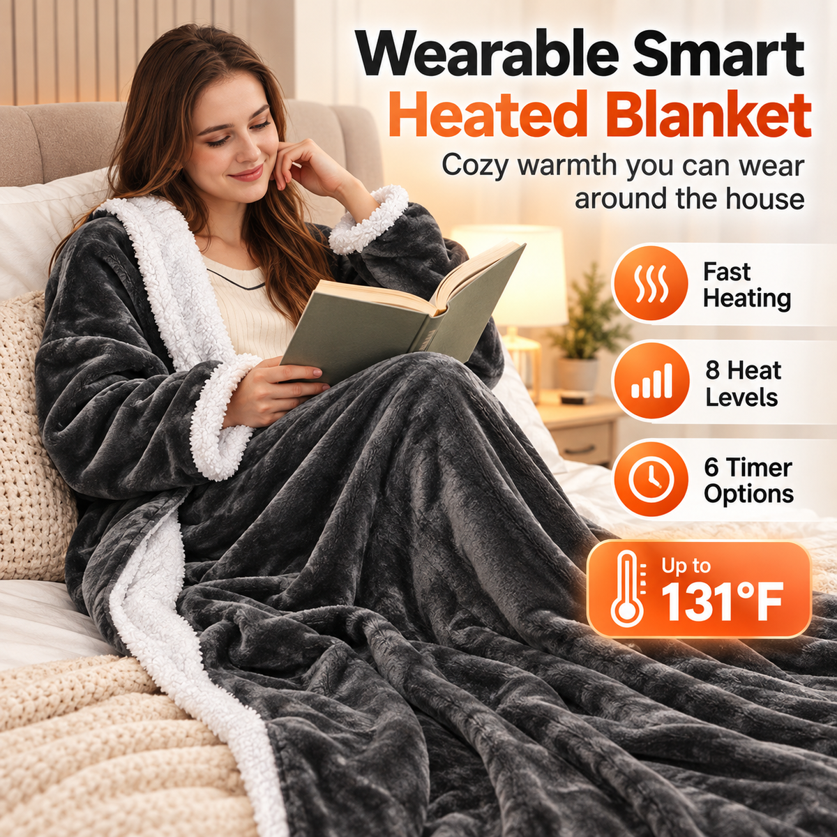 🔥62% OFF Wearable Heated Blanket with Sleeves – 8 Heat Levels & 6 Timer Settings